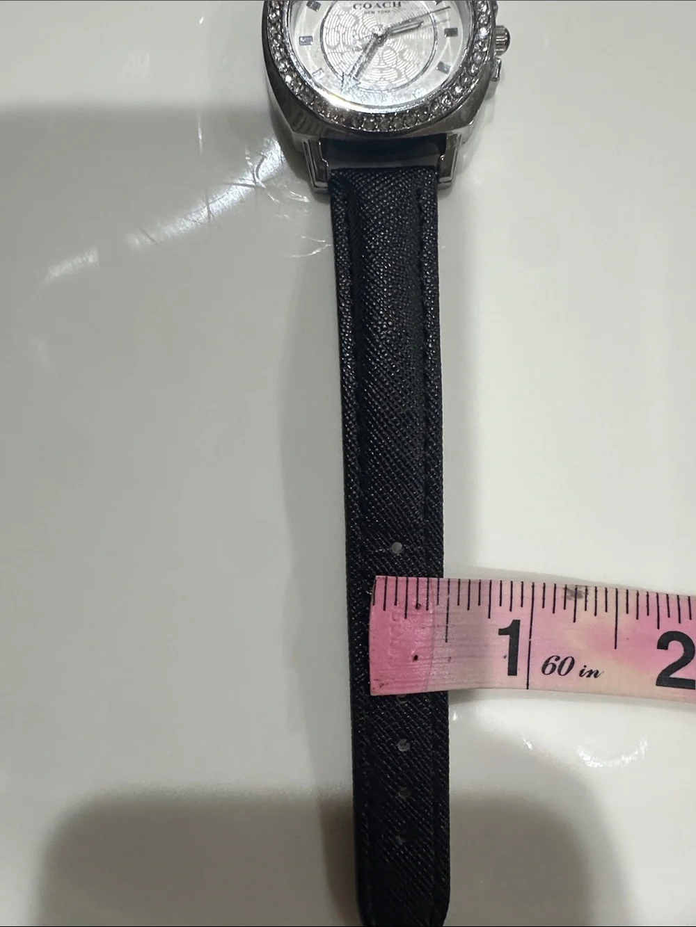 Coach Silver Crystal Dial Black Leather Strap Watch
